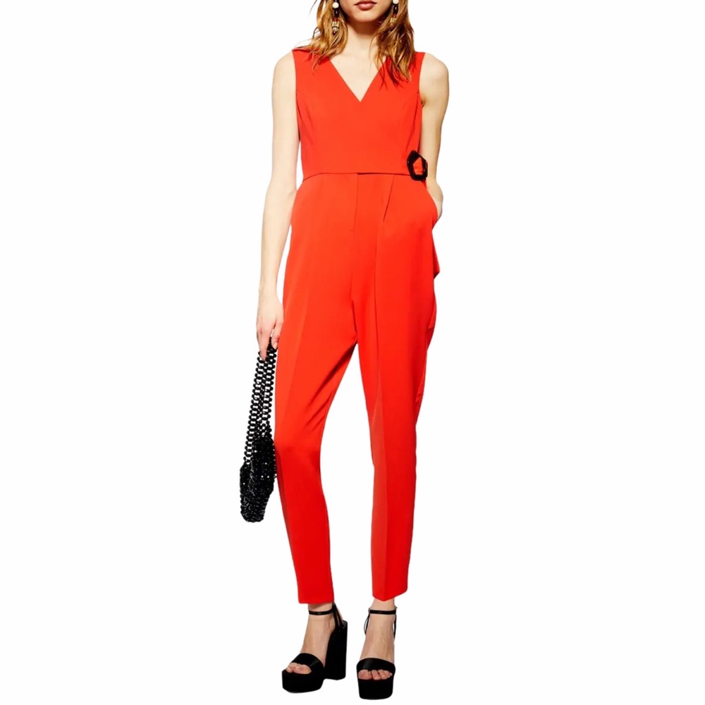 Topshop Orange Cutout Jumpsuit Sz 6 | Sleeveless Belted Cropped Sexy V-Neck